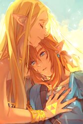 1boy 1girl bare_shoulders blonde_hair blood blood_on_face blue_eyes blue_tunic bracer closed_eyes couple crying dress earrings eorinamo hand_on_another&#039;s_chest hetero highres jewelry link long_hair low_ponytail medium_hair nintendo parted_lips pointy_ears princess_zelda sleeveless sleeveless_dress tears the_legend_of_zelda the_legend_of_zelda:_tears_of_the_kingdom triforce upper_body white_dress 