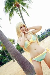 1girl beach boku_wa_tomodachi_ga_sukunai breasts cleavage cosplay highres kashiwazaki_sena large_breasts photo_(medium) solo swimsuit  rating:Questionable score:19 user:Marcerner