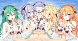 5girls animal_ears animal_print areola_slip bell bikini blonde_hair blue_eyes breast_hold breast_press breasts breasts_squeezed_together censored closed_eyes clothed_paizuri cow_print cowbell crossed_bangs cum cum_on_body cum_on_breasts cum_on_upper_body date_a_live double_bun ejaculation facial fake_animal_ears fake_horns grabbing_own_breast green_eyes green_hair hair_between_eyes hair_bun halterneck heart heart-shaped_pupils highres horns hoshimiya_mukuro izayoi_miku large_breasts long_hair looking_at_viewer mosaic_censoring multiple_girls murasame_reine natsumi_(date_a_live) o-ring o-ring_bikini paizuri penis strapless strapless_bikini swimsuit symbol-shaped_pupils symmetrical_docking tagme tongue tongue_out tsubasaki water yamai_kazamachi yellow_eyes 