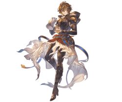  1boy ahoge armor belt bishounen boots breastplate brown_hair cape coffee_cup cup disposable_cup downscaled fingerless_gloves floating_clothes full_body gloves granblue_fantasy hair_between_eyes high_heel_boots high_heels holding holding_kettle hood hood_down kettle leg_up light_smile looking_at_viewer minaba_hideo official_art red_eyes resized sandalphon_(granblue_fantasy) tachi-e white_cape 
