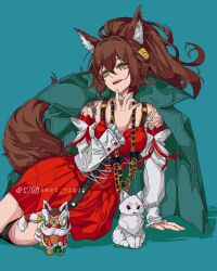  1girl animal_ear_fluff animal_ears artist_name brown_hair chinese_guardian_lion coat coat_on_shoulders collar commentary detached_sleeves dress english_commentary fox fox_ears fox_girl fox_tail green_background green_collar hair_between_eyes high_ponytail highres honkai:_star_rail honkai_(series) instagram_logo long_hair looking_up nest_virgo open_mouth red_dress shoulder_tattoo simple_background solo tail tattoo tiktok_logo tingyun_(honkai:_star_rail) twitter_logo 