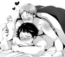 2boys all_out!! anal bed blanket blush character_request funkasiahq lying lying_on_person male_focus miyuki_atsushi monochrome multiple_boys phone pillow sex smile yaoi rating:Explicit score:13 user:harucho
