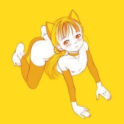  1girl all_fours animal_ears arm_support barefoot black_legwear choker collarbone feet flat_chest from_above highres kneeling loli looking_at_viewer looking_up nail_polish nude on_floor ponytail riarutoruchokku simple_background tail tail_plug toes yellow_background  rating:Explicit score:87 user:Gaudy