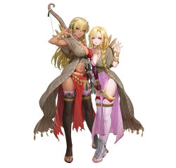  2girls abs absurdres blonde_hair blue_eyes bow_(weapon) breasts brown_thighhighs cleavage commentary_request dark-skinned_female dark_skin earrings ekao fire_emblem fire_emblem:_the_binding_blade fire_emblem:_the_blazing_blade fire_emblem_heroes full_body hair_ornament highres igrene_(fire_emblem) igrene_(sworn_protector)_(fire_emblem) jewelry large_breasts lipstick long_hair looking_at_viewer louise_(fire_emblem) louise_(sworn_protector)_(fire_emblem) makeup medium_breasts multiple_girls navel necklace nintendo official_alternate_costume official_art pelvic_curtain red_lips red_thighhighs smile tachi-e tassel tassel_hair_ornament thighhighs waving weapon 