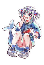  1girl animal_costume blue_eyes blue_hair fins fish_tail gawr_gura hoddie hololive hololive_english hood looking_at_viewer open_mouth shark shark_costume shark_tail sharp_teeth solo tail virtual_youtuber  rating:Sensitive score:2 user:inakamono