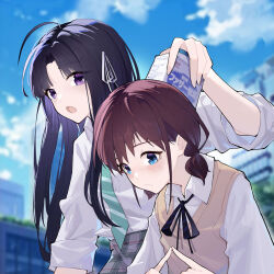  2girls awa_subaru black_hair black_ribbon blue_sky blush brown_sweater_vest building chinese_commentary cloud collared_shirt commentary_request day girls_band_cry hair_ribbon holding index_fingers_together iseri_nina long_hair multiple_girls neck_ribbon open_mouth outdoors purple_eyes red_hair ribbon school_uniform shirt short_twintails sky sleeves_rolled_up sweater_vest twintails white_ribbon white_shirt yun_cao_bing 