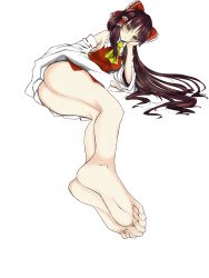 1girl ass barefoot bow brown_eyes brown_hair feet feet_together foot_focus hair_bow hakurei_reimu head_rest highres long_hair looking_at_viewer lying on_side pov soles toes touhou rating:Questionable score:27 user:ssfl