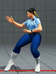  1girl 3d alternate_costume animated animated_gif belt belt_pouch black_hair blue_pants blue_shirt boots bouncing_breasts breasts capcom chun-li collared_shirt curvy double_bun fighting_stance full_body gameplay_mechanics hair_bun hair_ribbon hand_on_own_hip medium_breasts pants police police_uniform policewoman pouch ribbon shirt solo street_fighter street_fighter_v taut_clothes thick_thighs thighs uniform watch white_footwear wide_hips  rating:Sensitive score:11 user:ReadRejects