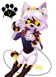  1girl animal_ears cat_ears coat colored_skin fang female_focus glitch_productions grey_skin mecha_girl mechanical_tail murder_drones open_mouth robot_girl shiny_skin short_hair smile tail tooth v_(murder_drones) whiskers yellow_eyes 