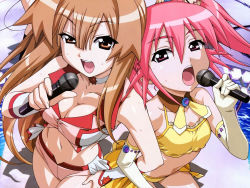  breasts brown_eyes brown_hair choker cleavage detached_collar edomae_lunar elbow_gloves gloves hand_on_own_hip highres holding holding_microphone long_hair looking_at_viewer medium_breasts microphone morita_kazuaki music navel official_art pink_eyes pink_hair seto_no_hanayome seto_sun short_shorts shorts side-by-side singing sweat 