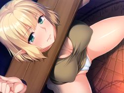  blonde_hair breasts elf green_eyes large_breasts magic_circle panties pillory pointy_ears short_hair tagme underwear  rating:Questionable score:34 user:noein