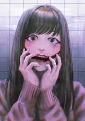  1girl absurdres bifurcated_jaw black_eyes black_hair chromatic_aberration commentary_request eyelashes fracoco glasgow_smile highres long_bangs long_hair makeup mascara original purple_sweater red_lips runny_makeup solo sweater teeth tile_wall tiles upper_body 