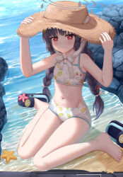  1girl absurdres arms_up barefoot beach bikini black_hair blue_archive breasts hair_between_eyes hands_up hat highres long_hair miyu_(blue_archive) navel ocean red_eyes sandals skym_(kumei) small_breasts solo stomach swimsuit twintails white_bikini  rating:Sensitive score:8 user:danbooru