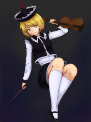  1girl black_background black_footwear black_skirt blonde_hair bow_(music) closed_mouth commentary crescent crescent_hat_ornament frilled_hat frills full_body hat hat_ornament highres instrument kakone long_sleeves looking_at_viewer lunasa_prismriver short_hair simple_background skirt socks solo touhou violin white_socks yellow_eyes 