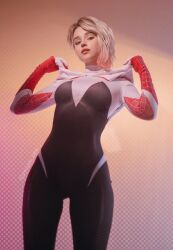  1girl blonde_hair bodysuit breasts cosplay cowboy_shot from_below gwen_stacy hood hooded_bodysuit looking_at_viewer marvel photo_(medium) real_life shirogane-sama short_hair simple_background small_breasts spider-gwen spider-man:_across_the_spider-verse spider-man:_into_the_spider-verse spider-man_(series) spider-verse spider_web_print standing v  rating:General score:57 user:taylordacratore