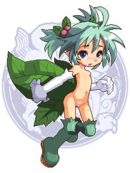  1girl blue_eyes blue_hair boots copyright_request elbow_gloves embarrassed fairy flat_chest full_body gloves hair_ornament holly_hair_ornament leaf_wings lillithlauda loli looking_at_viewer navel nude open_mouth pixel_art pointy_ears solo sweat thigh_boots white_background white_gloves wings 