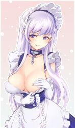 1girl apron azur_lane belfast_(azur_lane) breasts chain cleavage collar collarbone dress elbow_gloves female_focus flashing gloves gradient_background highres large_breasts long_hair long_skirt maid maid_headdress nokinhizadati outdoors purple_eyes purple_hair simple_background skirt smile solo standing upper_body waist_apron white_gloves white_hair rating:Questionable score:14 user:Xander