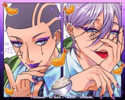  1boy blue_eyes collared_shirt earrings eyeshadow facial_mark food girly_boy green_robe highres jewelry makeup margarette_macaron mashle multicolored_eyes multiple_views musical_note necktie purple_eyeshadow purple_hair purple_nails robe shirt smile sparkling_aura stud_earrings tongue tongue_out white_shirt xagun 