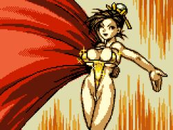  1girl breasts brown_hair bun_cover cape chunsoft cleavage fuurai_no_shiren gold_one-piece_swimsuit hat highleg highleg_swimsuit large_breasts looking_at_viewer one-piece_swimsuit one_eye_closed open_mouth oryuu pixel_art red_cape saiwai_hiroshi smile sparkle standing swimsuit white_hat wink 