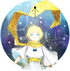  1boy baggy_clothes blonde_hair blue_eyes bright_pupils fate/grand_order fate_(series) gk98tm glowing highres male_focus parted_lips scarf short_hair sky solo space star_(sky) star_(symbol) starry_background starry_sky tunic voyager_(fate) voyager_(first_ascension)_(fate) voyager_golden_record voyager_probe white_tunic yellow_scarf 