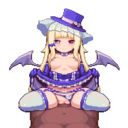 1boy 1girl alternate_color animated animated_gif bat_(animal) bat_wings blonde_hair blunt_bangs blush bouncing_breasts breasts clothing_aside cowgirl_position crescent_moon cum cum_in_pussy elbow_gloves fang garnet_(erokosei) girl_on_top gloves hat hetero heterochromia hip_focus loli lolita_fashion long_hair lowres moon navel nipples open_mouth original panties panties_aside penis pixel_art pussy red_eyes ribbon sb_(coco1) sex simple_background small_breasts smile spread_legs straddling thighhighs thighs topless torogao underwear vampire veil white_background white_eyes white_panties white_thighhighs wings rating:Explicit score:189 user:Rikko-43