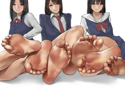 3girls barefoot black_hair blazer brown_eyes brown_hair closed_mouth commentary dress feet feet_together foot_focus jacket long_hair looking_at_viewer multiple_girls necktie original parted_lips red_necktie revision sailor_dress school_uniform shadow sitting smile soles teeth toes vest white_background yomu_(sgt_epper) rating:Sensitive score:69 user:danbooru