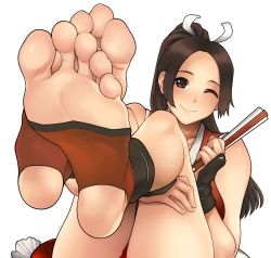 1girl ;) barefoot brown_eyes brown_hair fatal_fury feet folding_fan foot_focus foreshortening hand_fan high_ponytail highres long_hair one_eye_closed ponytail rg_(gumin) shiranui_mai simple_background smile snk soles solo the_king_of_fighters toeless_legwear toes white_background rating:Sensitive score:106 user:danbooru