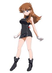  1girl absurdres bare_arms bare_legs black_dress black_footwear blue_eyes boots breasts brown_hair closed_mouth commentary_request covered_erect_nipples creatures_(company) dress full_body game_freak gloves green_(pokemon) highres knees large_breasts long_hair medium_breasts nintendo pencil_skirt poke_ball poke_ball_(basic) pokemon pokemon_adventures sakura_painter shiny_skin short_dress skirt smile socks solo standing transparent_background white_gloves white_socks  rating:Sensitive score:25 user:danbooru