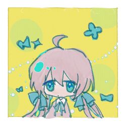  1girl 21scorpii ahoge aqua_bow aqua_eyes aqua_flower aqua_ribbon beads border bow check_copyright chibi chinese_commentary closed_mouth collar collared_shirt commentary_request copyright_request expressionless hair_bow highres long_hair looking_at_viewer low_twintails neck_ribbon original pink_hair pink_shirt polka_dot polka_dot_background ribbon shirt simple_background solo sparkle twintails upper_body white_border white_collar yellow_background 