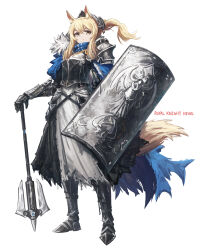 1girl absurdres animal_ears arknights armor blonde_hair blue_cape breastplate cape elden_ring franlol full_armor full_body gauntlets helmet highres holding holding_shield holding_weapon horse_ears horse_girl horse_tail knight long_hair looking_at_viewer mace nearl_(arknights) pauldrons scutum shield shoulder_armor spiked_mace spikes tail weapon yellow_eyes rating:General score:12 user:danbooru