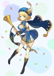  1girl blonde_hair blue_dress blue_eyes blush boots breasts cleavage cleavage_cutout clothing_cutout confetti dress dungeon_striker full_body hat hat_feather jpeg_artifacts large_breasts purin_(dillahooni) short_hair smile solo swept_bangs thighhighs 