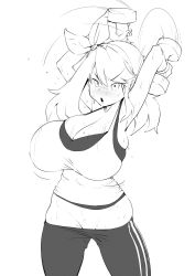 1girl armpits arms_up bare_arms black_legwear bouncing_breasts bow breasts bursting_breasts cleavage clothes_pull cowboy_shot creatures_(company) dumbbell exercising game_freak groin hair_bow hairband highres holding huge_breasts impossible_clothes long_hair looking_away lowleg lowleg_pants may_(pokemon) maydrawfag monochrome motion_lines nintendo open_mouth pants pants_pull plump pokemon pokemon_oras shirt sideboob simple_background skindentation sleeveless sleeveless_shirt solo sweat swept_bangs taut_clothes taut_shirt tight_clothes tight_pants tight_shirt track_pants weightlifting weights white_background rating:Sensitive score:53 user:pc88