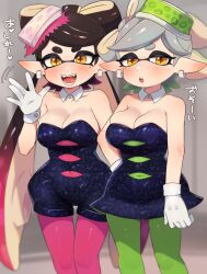  2girls :d :o alternate_breast_size bare_shoulders black_hair blue_dress blue_jumpsuit blush bow-shaped_hair breasts callie_(splatoon) cleavage collar commentary_request cowboy_shot detached_collar dress earrings fangs gloves gradient_hair green_hair green_pantyhose grey_hair half-closed_eyes hand_on_own_hip hand_up hoop_earrings inkling jewelry jumpsuit kinakosuki large_breasts long_hair marie_(splatoon) mole mole_under_eye motion_lines multicolored_hair multiple_girls nintendo open_mouth orange_pupils pantyhose pink_hair pink_pantyhose pointy_ears short_hair short_jumpsuit smile splatoon_(series) splatoon_1 standing star-shaped_pupils star_(symbol) strapless strapless_dress suction_cups swept_bangs symbol-shaped_pupils tentacle_hair thick_eyebrows translation_request twintails v-shaped_eyebrows very_long_hair waving white_collar white_gloves yellow_eyes 