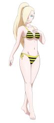  1girl absurdres barefoot bikini blonde_hair blue_eyes boruto:_naruto_next_generations breasts cleavage collarbone hair_ornament hair_over_one_eye hairclip hand_on_own_breast highres legs long_hair looking_at_viewer mature_female medium_breasts naruto_(series) side-tie_bikini_bottom smile solo striped_bikini striped_clothes swimsuit thighs toadd95 yamanaka_ino  rating:Sensitive score:25 user:bluebot