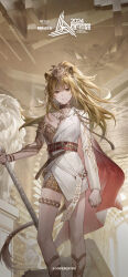 1girl absurdres ambience_synesthesia animal_ears arknights armor bare_shoulders belt belt_buckle black_nails blonde_hair breastplate breasts brown_collar brown_tail buckle cape chinese_commentary cleavage closed_mouth collar collarbone commentary_request copyright_name copyright_notice feet_out_of_frame fingernails gold gold_armor highres holding indoors jewelry long_hair looking_at_viewer medium_breasts nail_polish official_alternate_costume official_art red_belt red_cape ring shirt siege_(arknights) single-shoulder_shirt single_bare_shoulder skirt solo standing statue tail tassel thighlet tiara white_shirt yellow_eyes yellow_skirt 
