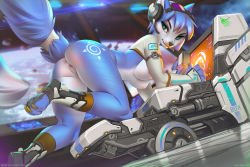  1girl all_fours alternate_costume animal_ears anus artist_name ass ass_tattoo blue_hair body_fur bottomless breasts claws closed_mouth crop_top fox_ears fox_tail from_side full_body furry furry_female goggles goggles_on_head green_eyes headphones headset indoors krystal long_sleeves looking_at_viewer looking_back medium_breasts miles-df monitor nintendo nipples no_bra paid_reward_available patreon_username planet pussy science_fiction short_hair snout solo space spacecraft star_fox stomach tail tattoo watermark  rating:Explicit score:93 user:danbooru