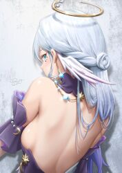  1girl absurdres back back_focus backless_dress backless_outfit bare_back bare_shoulders breasts dress earrings from_behind gloves head_wings highres honkai:_star_rail honkai_(series) jewelry long_hair looking_at_viewer looking_back medium_breasts robin_(honkai:_star_rail) royboy sideboob solo upper_body white_gloves wings 