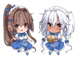  2girls absurdres apron basket blue_apron blue_bow blue_bowtie blue_skirt blush bow bowtie bread breasts brown_eyes brown_hair button_gap checkered_apron checkered_clothes cherry_blossoms chibi dark-skinned_female dark_skin employee_uniform flower food full_body gingham gingham_apron gingham_skirt grey_hair hair_between_eyes hair_flower hair_ornament high-waist_skirt highres holding holding_basket holding_tongs kantai_collection kobeya_uniform long_hair looking_at_viewer mashiro_yukiya medium_breasts multiple_girls musashi_(kancolle) open_mouth pantyhose plaid plaid_apron pleated_shirt pointy_hair ponytail rectangular_eyewear red_eyes shirt short_sleeves simple_background skirt smile tongs twintails two_side_up uniform very_long_hair waitress white_background white_pantyhose white_shirt yamato_(kancolle) 
