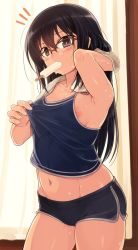  1girl ^^^ arm_up armpits black_eyes black_hair breasts camisole contrapposto cowboy_shot dolphin_shorts food glasses ice_cream inverted_nipples jpeg_artifacts long_hair looking_at_viewer micro_shorts midriff mouth_hold navel nipple_slip nipples null_(nyanpyoun) popsicle red-framed_eyewear shirt_tug short_shorts shorts simple_background small_breasts solo standing sweat white_background  rating:Questionable score:118 user:danbooru