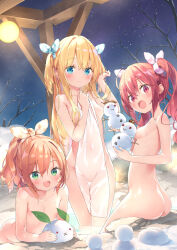  :d ahoge ass bare_tree blonde_hair blue_eyes blush breasts brown_hair cloud collarbone convenient_censoring covered_navel fang green_eyes hair_ribbon hazuki_watora highres holding holding_towel kani_biimu long_hair looking_at_viewer minazuki_sarami multiple_girls night onsen open_mouth original outdoors partially_submerged ponytail red_eyes red_hair ribbon shimotsuki_potofu sitting sky small_breasts smile snow_rabbit snowman standing star_(sky) starry_sky steam towel tree twintails two_side_up water wet 