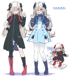  1girl black_coat black_flower black_footwear black_gloves black_shrug black_socks black_thighhighs blue_hair blue_skirt boots chibi chibi_inset clenched_hands coat collared_coat cross-laced_footwear eye_contact flower full_body gloves grey_eyes grey_hair hair_flower hair_ornament hand_on_own_hip hand_up highres isekai_joucho kamitsubaki_studio kneehighs lace-up_boots long_hair long_sleeves looking_at_another multicolored_hair multiple_views noto_(soranoto) pantyhose red_footwear red_hair shadow sidelocks simple_background single_glove single_sock single_thighhigh skirt snowboard snowboarding socks thighhighs translation_request two-tone_hair v white_background white_pantyhose 