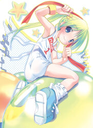  1girl absurdres ass ball blue_eyes blue_footwear blush collarbone exercise_ball flat_chest from_behind green_hair hair_ornament highres loli long_hair looking_at_viewer looking_back one-piece_swimsuit ponytail pop_(electromagneticwave) red_ribbon ribbon school_swimsuit shoes side_ponytail sitting smile sneakers socks star_(symbol) star_hair_ornament swimsuit white_background white_one-piece_swimsuit white_school_swimsuit white_socks 
