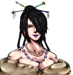  00s 1girl bare_shoulders black_hair braid breasts cleavage dove_been dress earrings female_focus final_fantasy final_fantasy_x hair_bun hair_ornament hair_over_one_eye jewelry lipstick long_hair lulu_(ff10) makeup mole multiple_braids necklace purple_lips red_eyes simple_background single_hair_bun solo square_enix white_background 