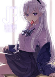 1girl alternate_costume artist_name azur_lane belfast_(azur_lane) black_skirt blue_bow blue_bowtie blue_jacket blurry blurry_background bow bowtie braid breast_pocket breasts capriccio character_name closed_mouth collared_shirt commentary_request condom condom_in_mouth condom_wrapper copyright_name depth_of_field hairband indoors jacket long_hair long_sleeves looking_at_viewer medium_breasts mouth_hold off_shoulder pleated_skirt pocket purple_eyes purple_hair purple_shirt revision seductive_smile shirt sitting skirt skirt_hold smile solo undressing wing_collar rating:Sensitive score:14 user:danbooru