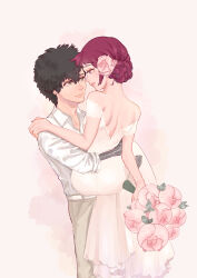  1boy 1girl absurdres backless_dress backless_outfit bare_shoulders belt black_hair bouquet bride brown_eyes carrying closed_mouth collared_shirt couple cowboy_shot daryl_lorenz dress eye_contact eyeshadow flower grey_pants groom gundam gundam_thunderbolt hair_bun hair_flower hair_ornament hand_on_another&#039;s_shoulder hetero highres holding holding_bouquet husband_and_wife karla_mitchum looking_at_another makeup off-shoulder_dress off_shoulder open_collar orange_eyeshadow pants pink_background pink_flower princess_carry prosthesis prosthetic_arm purple_eyes purple_hair shirt short_hair short_sleeves simple_background smile watercolor_background wedding wedding_dress white_belt white_dress white_shirt wing_collar zisshi 