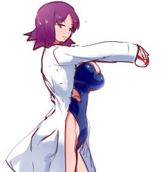  1girl blue_one-piece_swimsuit breasts casual_one-piece_swimsuit cleavage closed_mouth clothing_cutout coat cowboy_shot creatures_(company) curvy dot_nose from_side game_freak groin half-closed_eyes holding holding_poke_ball lab_coat large_breasts light_smile long_sleeves looking_at_viewer mafen nintendo one-piece_swimsuit open_clothes open_coat outstretched_arm parted_bangs philena_ivy pocket poke_ball poke_ball_(basic) pokemon pokemon_(anime) pokemon_(classic_anime) purple_eyes purple_hair shiny_skin short_hair side_cutout simple_background sketch solo swimsuit white_background white_coat 