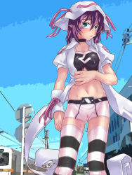  1girl blush bodypaint breasts censored choker coat day exhibitionism facial_mark green_eyes highres medium_breasts merry_nightmare naked_coat navel nipples nude outdoors painted_clothes pointy_ears public_indecency purple_hair pussy pussy_juice raplus sky solo striped_clothes striped_thighhighs sweat thighhighs train yumekui_merry  rating:Explicit score:103 user:danbooru