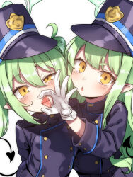  2girls :o armband blue_archive blue_armband blush commentary_request demon_tail fellatio_gesture gloves green_hair halo hat hikari_(blue_archive) long_hair looking_at_viewer multiple_girls naughty_face nozomi_(blue_archive) open_mouth peaked_cap pointy_ears racer_(magnet) saliva siblings sisters tail tongue tongue_out train_conductor twintails upper_body white_gloves yellow_eyes 