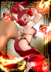  1girl afk_arena animal_ears arched_back armlet bad_id bad_pixiv_id bare_shoulders barefoot bracelet breasts chromatic_aberration circlet closed_mouth female_focus fire fox_ears fox_girl fox_tail harem_pants highres hino_tomoyuki hip_vent jewelry long_hair looking_at_viewer medium_breasts pants ponytail red_eyes red_hair red_pants satrana_(afk_arena) shoulder_tattoo sideboob smile soles solo tail tattoo  rating:Sensitive score:43 user:danbooru