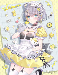  1girl absurdres apron aqua_eyes black_bow black_choker bow candy choker cleavage_cutout clothing_cutout collarbone dress eating floating flower food frilled_dress frills full_body gloves grey_hair heart highres jumping lipstick lollipop looking_at_viewer maid_apron makeup original short_hair short_sleeves simple_background solo star-shaped_pupils star_(symbol) stuffed_toy symbol-shaped_pupils tachi-e thighhighs wasabi_(sekai) white_apron white_gloves white_thighhighs zettai_ryouiki 